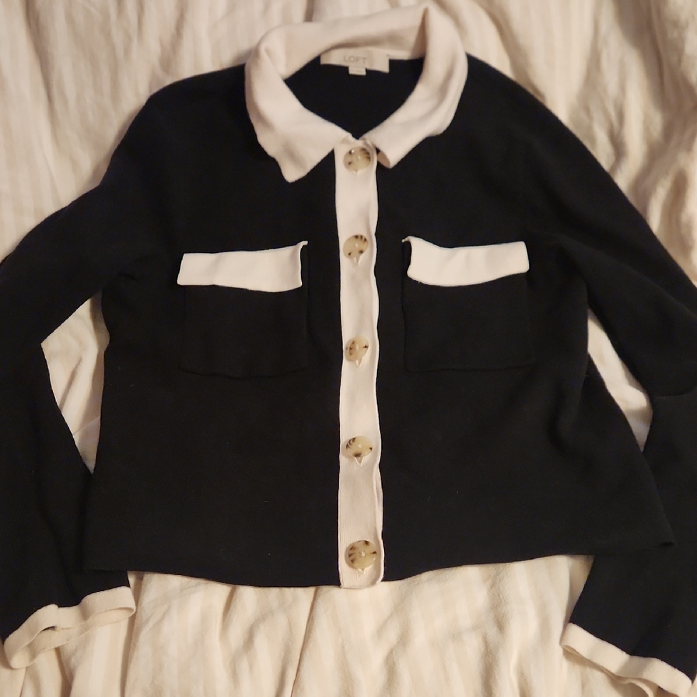 LOFT Black and White Button Cardigan Sweater